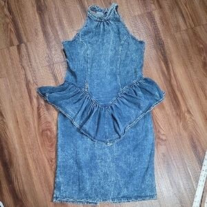 Vintage Rebecca B Blue Denim Halter Dress With Peplum And Button Details
